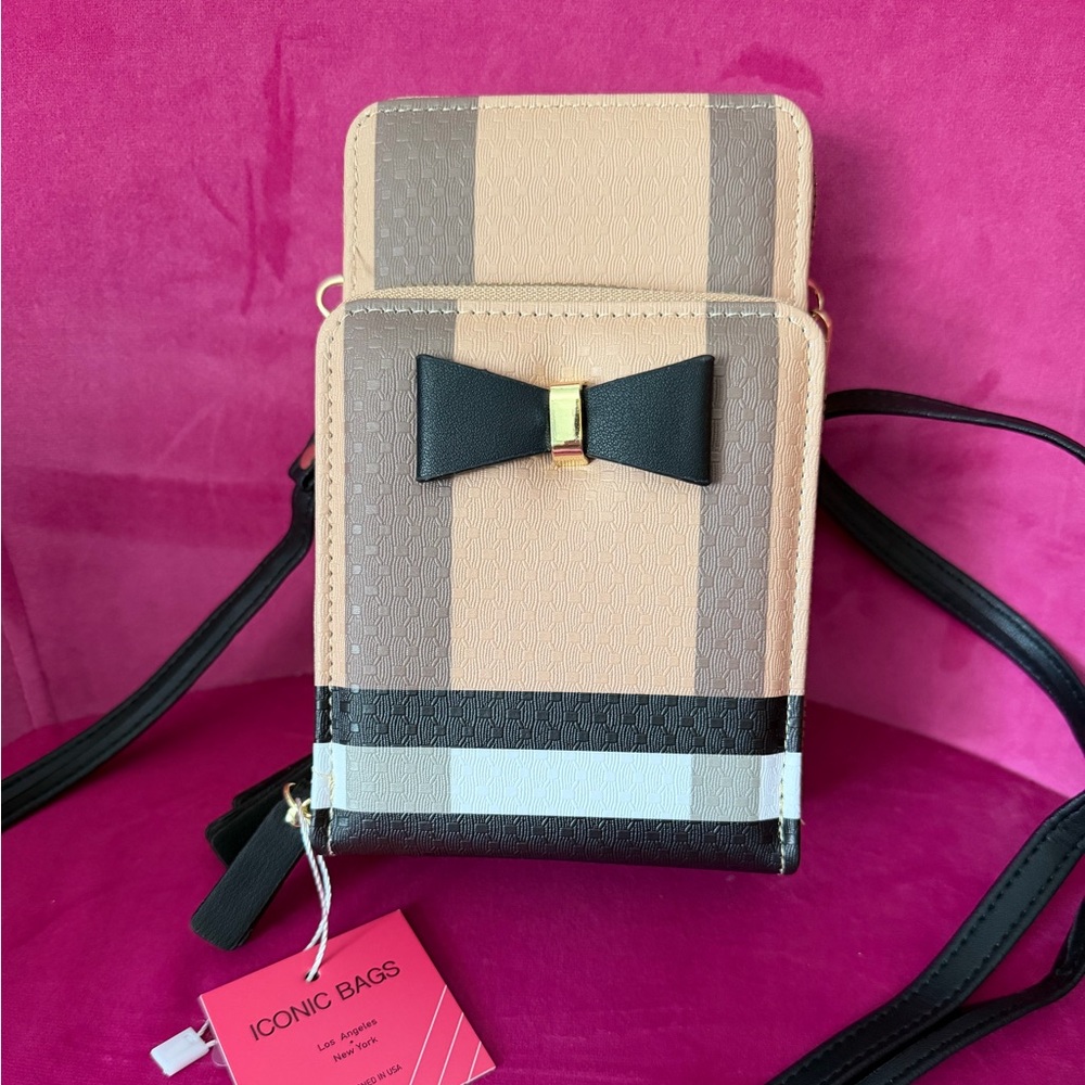 Iconic Bags Beige & Black Phone Crossbody with Bow